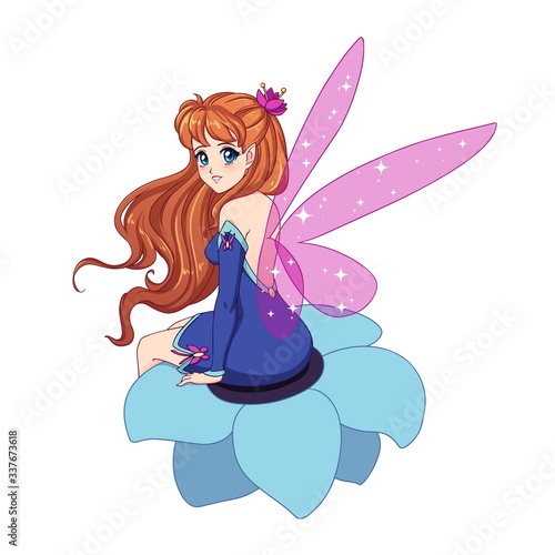 Beautiful anime fairy with shiny pink wings, red hair sitting on flower and wearing blue dress. Hand drawn vector illustration. Isolated on white background.