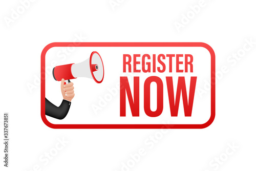 Megaphone label with register now. Megaphone banner. Web design. Vector stock illustration.