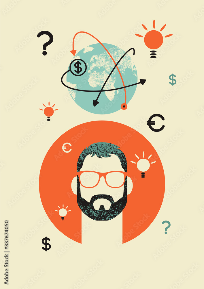 World online business conceptual retro poster with young hipster man. Vector illustration. World online business conceptual retro poster with young hipster man. Vector illustration.