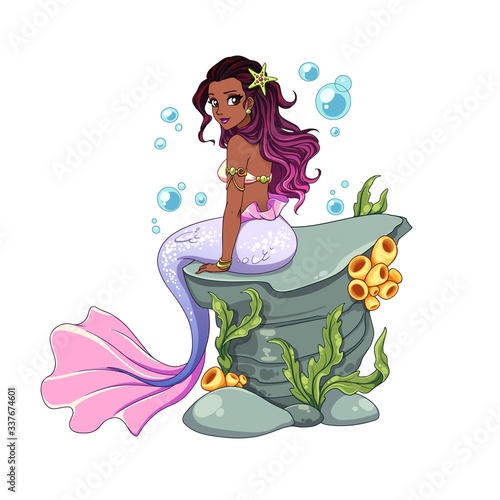 Beautiful cartoon mermaid with curly black and pink hair