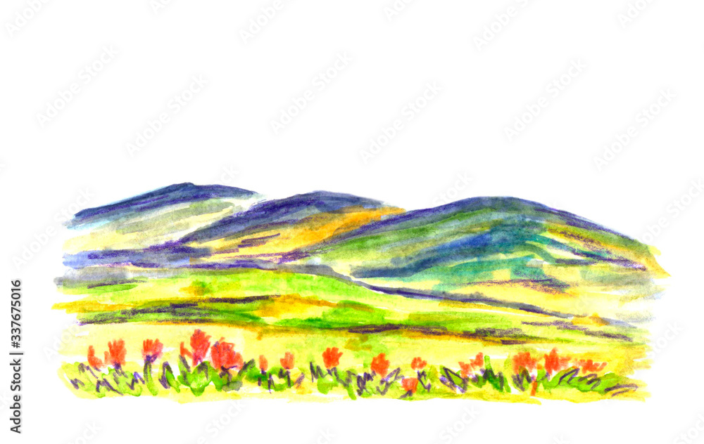 Watercolor colorful landscape. Mountains, field, steppe, foothills, flowering spring meadow, red wildflowers in the foreground. For prints, season, nature, weather.
