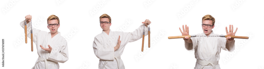 Funny karate fighter with nunchucks on white Funny karate fighter with nunchucks on white