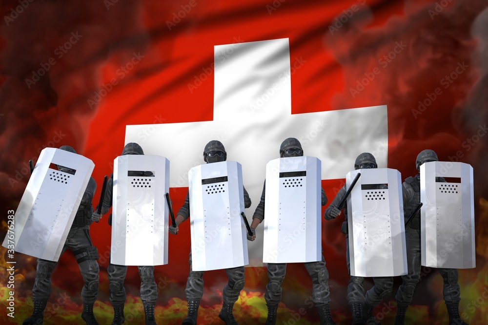 custom made wallpaper toronto digitalSwitzerland police swat in heavy smoke and fire protecting state against revolt - protest fighting concept, military 3D Illustration on flag background