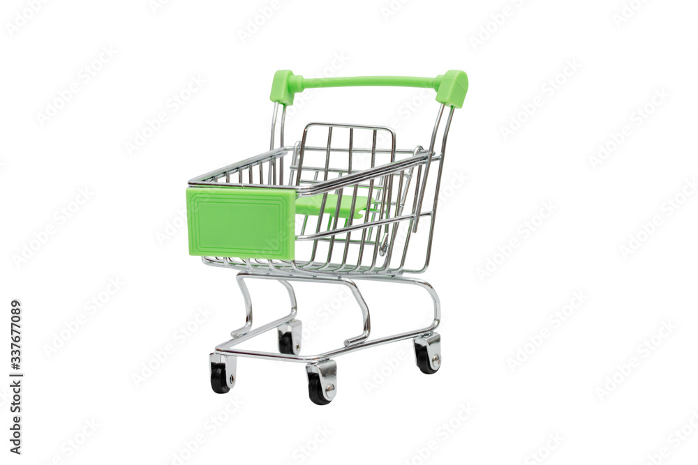 Close-up of shopping trolley isolated on white background.