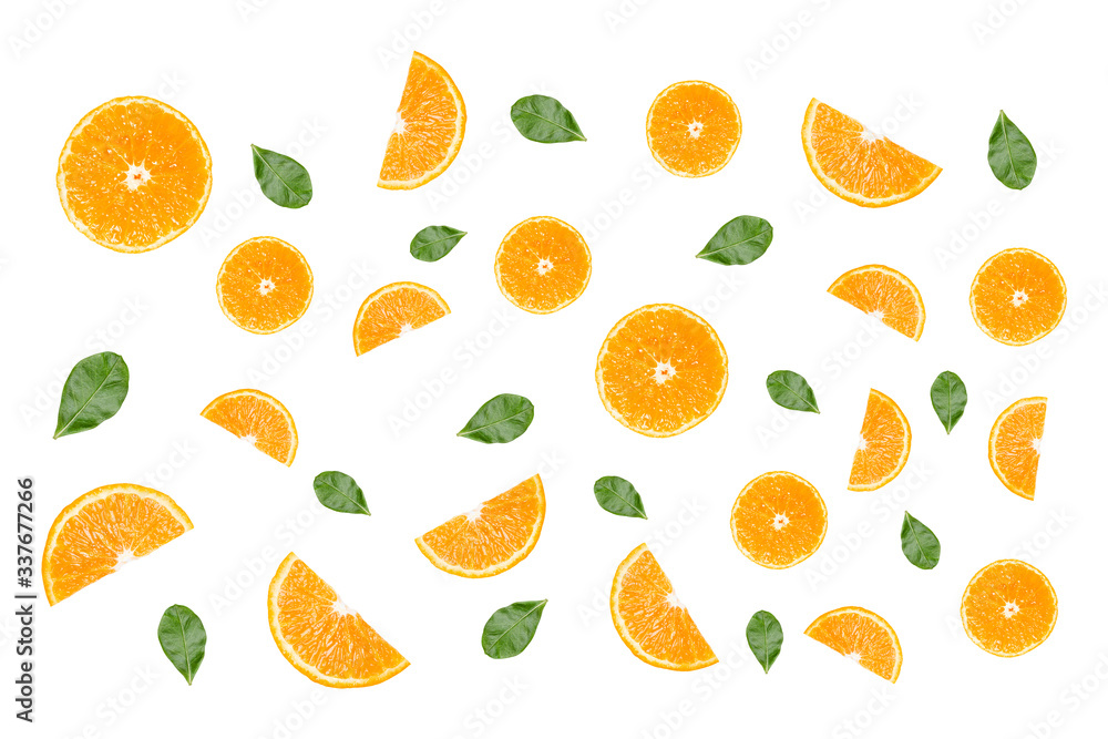 Fresh orange slices and green leaf on white background. Fresh orange slices and green leaf on white background.