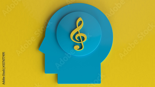 Colorful 3d illustration male head in profile with treble clef icon isolated on blue background. Sound symbol.