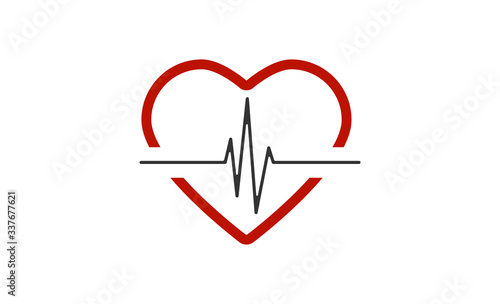 Heartbeat line with Heart red. Heart beat line black icon with red heart in linear design, isolated on white background. Pulse trace in modern flat style. Vector eps 10