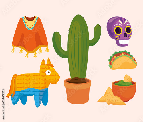 Mexican cactus poncho pinata skull taco bowl and nachos design, Mexico culture tourism landmark latin and party theme Vector illustration