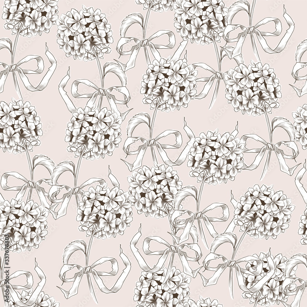 Seamless pattern on a pink background with hydrangea. Stylish and luxurious background. For fabric, clothing, and decor. Wallpaper and children