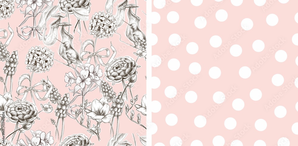 A set of seamless patterns. Hydrangea flowers on a pink background. White dot pattern on pink background. For fabric, decor, children, clothing A set of seamless patterns. Hydrangea flowers on a pink background. White dot pattern on pink background. For fabric, decor, children, clothing