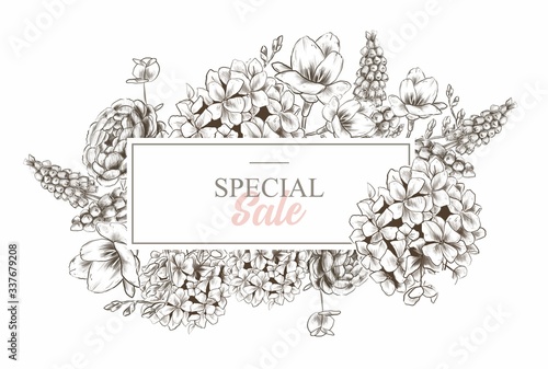 Flowers banner graphics place for the text of the sale invitation. hydrangea. Alstroemeria. Muscari