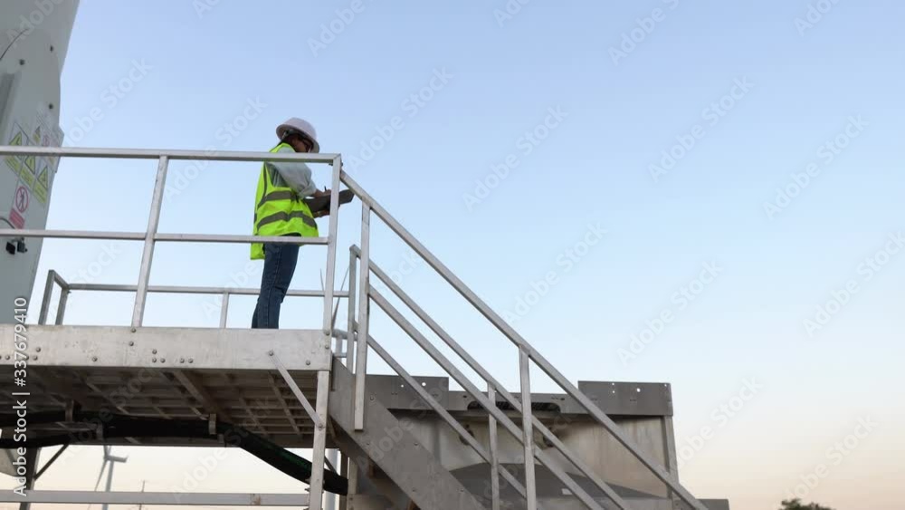 Engineer working and holding the report at wind turbine farm Power Generator Station on mountain,Thailand people
Engineer working and holding the report at wind turbine farm Power Generator Station on mountain,Thailand people