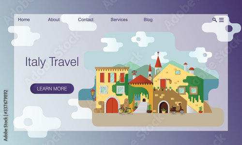 Concept of a travel site. Tour, trip to Italy. Illustration of an Italian village or small authentic town on the coast. Picturesque stone houses on coast. Vector website landing page design template