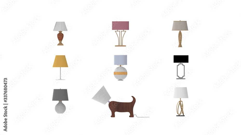 3D rendering of a collection of table lamps lighting indoor lights 3D rendering of a collection of table lamps lighting indoor lights