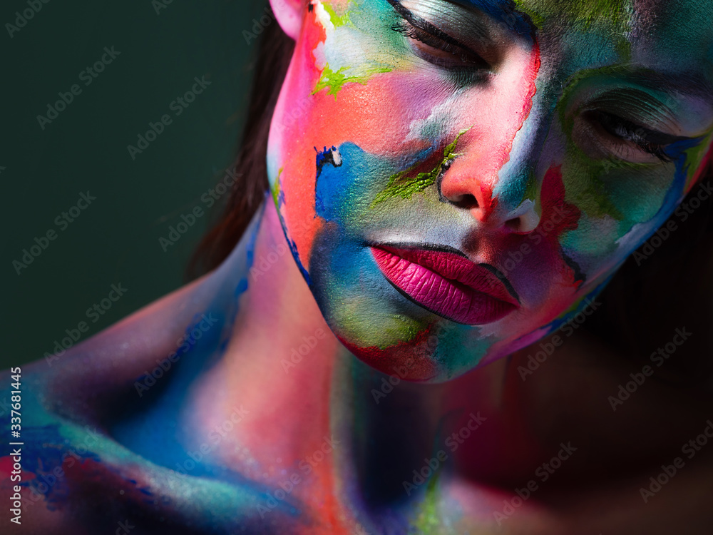 Face art and body art. Creative makeup with colorful patterns on the face. Modern makeup art, bold style, - obrazy, fototapety, plakaty 
