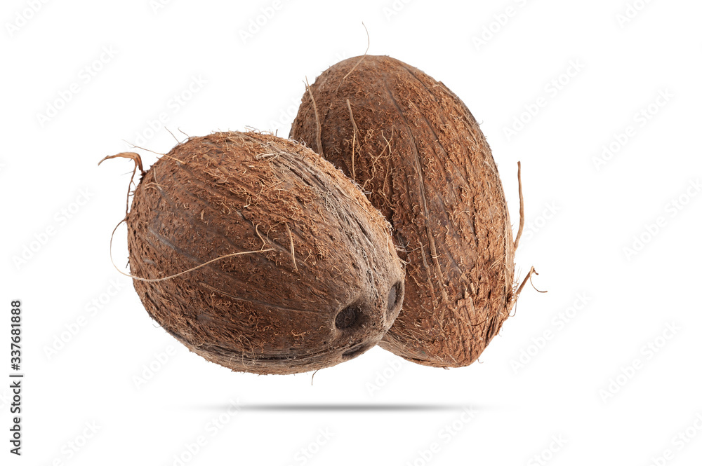 closeup of coconut with sticking fibers isolate on white background closeup of coconut with sticking fibers isolate on white background