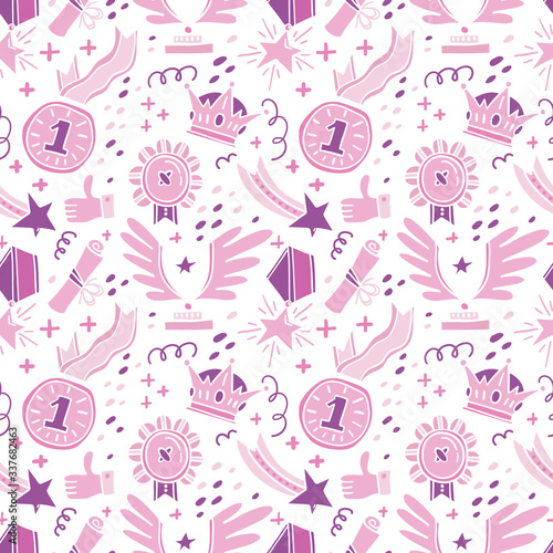 Seamless patterns with trophy, medals, cups and awards icons