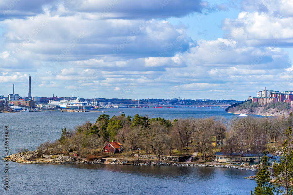 Fototapeta premium The island of Fjaederholmen with the bridge between Stockholm and Lidingoe in the background