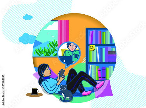 Woman laying on the sofa and texting a guy with face mask. Practice social distance during coronavirus outbreak period.