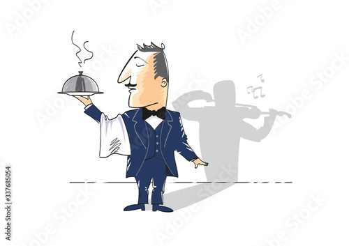 Cartoon hand drawn illustration of elegant restaurant waiter and violinist shadow