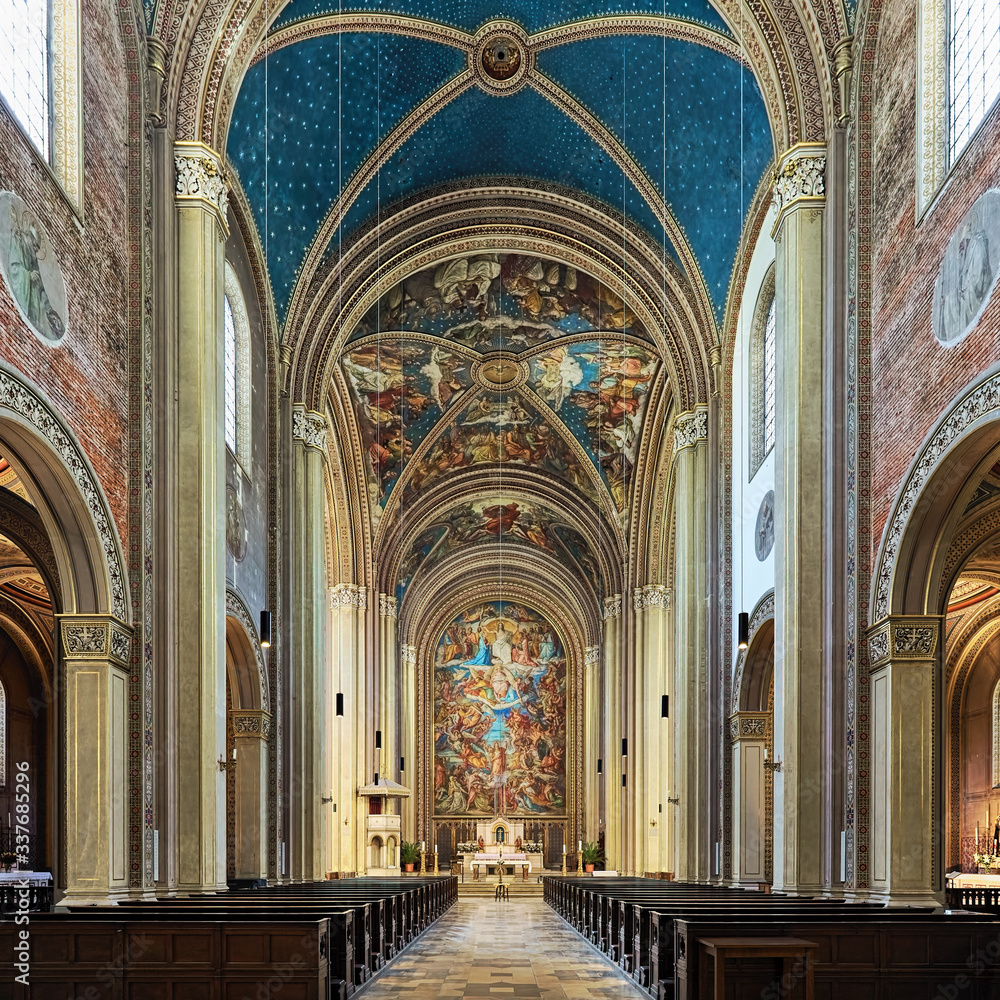 Munich, Germany. Interior of Ludwigskirche (Catholic Parish and University Church St. Louis). The church was built in 1829-1844 by the German architect Friedrich von Gartner.