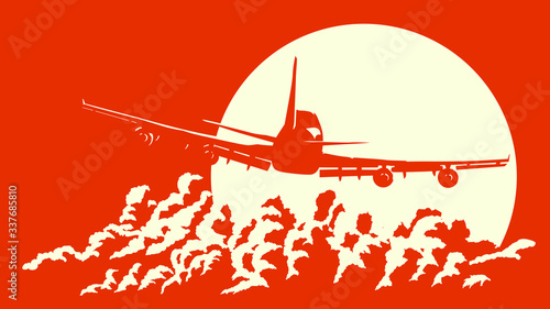 Simple monochrome card with sunset illustration with airplane and sun setting behind clouds.