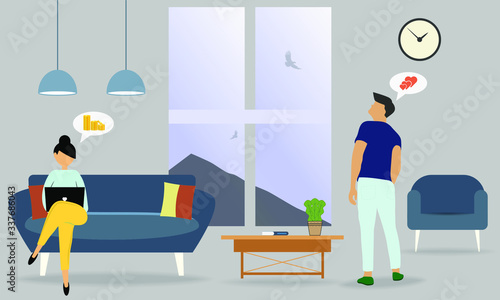 Coronavirus concept. Be at home during a coronavirus epidemic. Work at home during isolation. Woman worker working from home. Her husband dreams of her. Vector illustration
