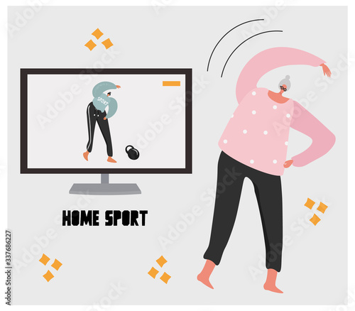 An elderly woman does exercises and mutes the sports channel. Home sports. Sports in the period of self-isolation. Funny vector illustration about sport.