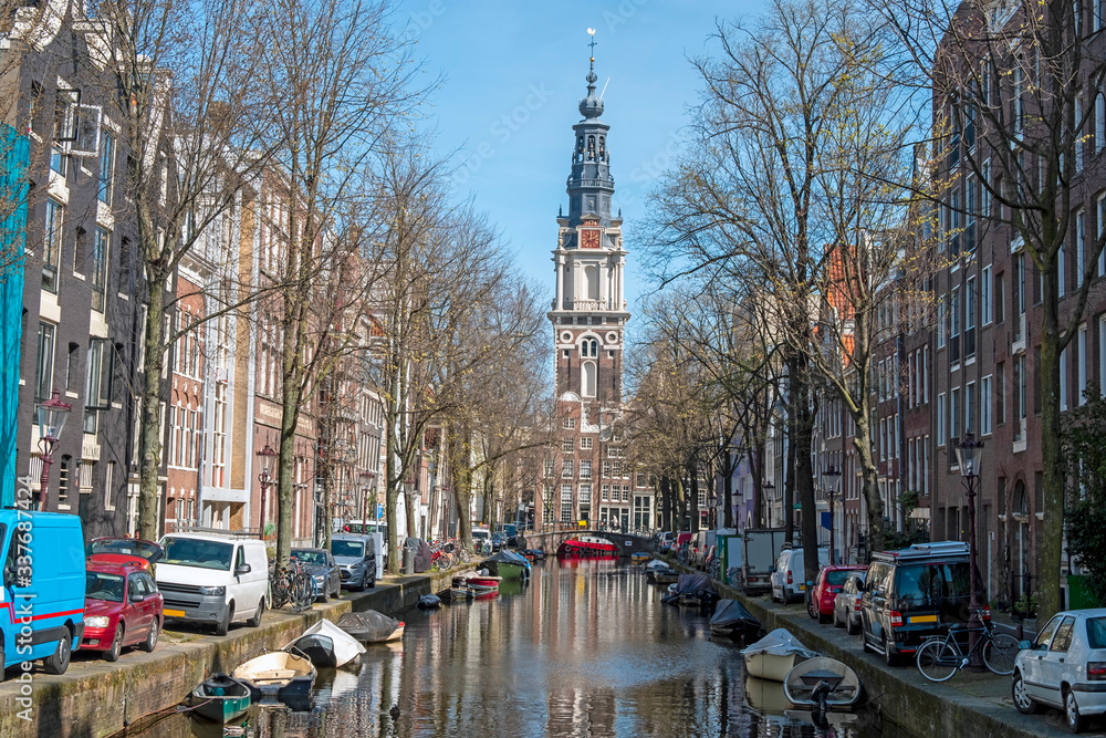 City scenic from Amsterdam in the Netherlands with the Zuiderkerk