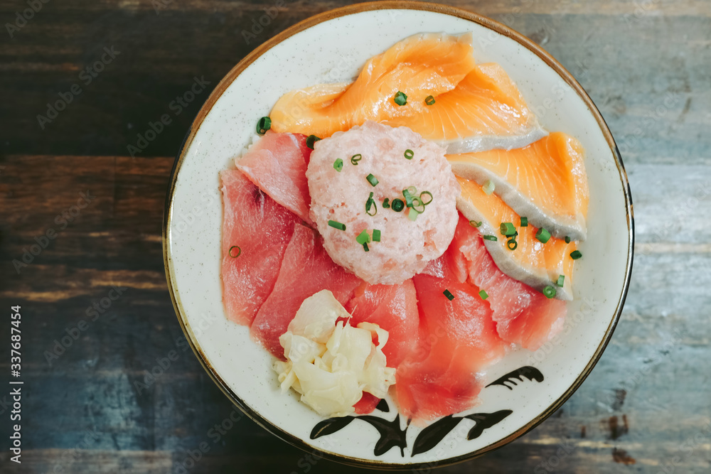 salmon and tuna sashimi on rice, donburi, japanese food