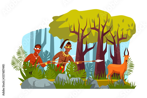 Strong tribal warrior with spear hunting in forest