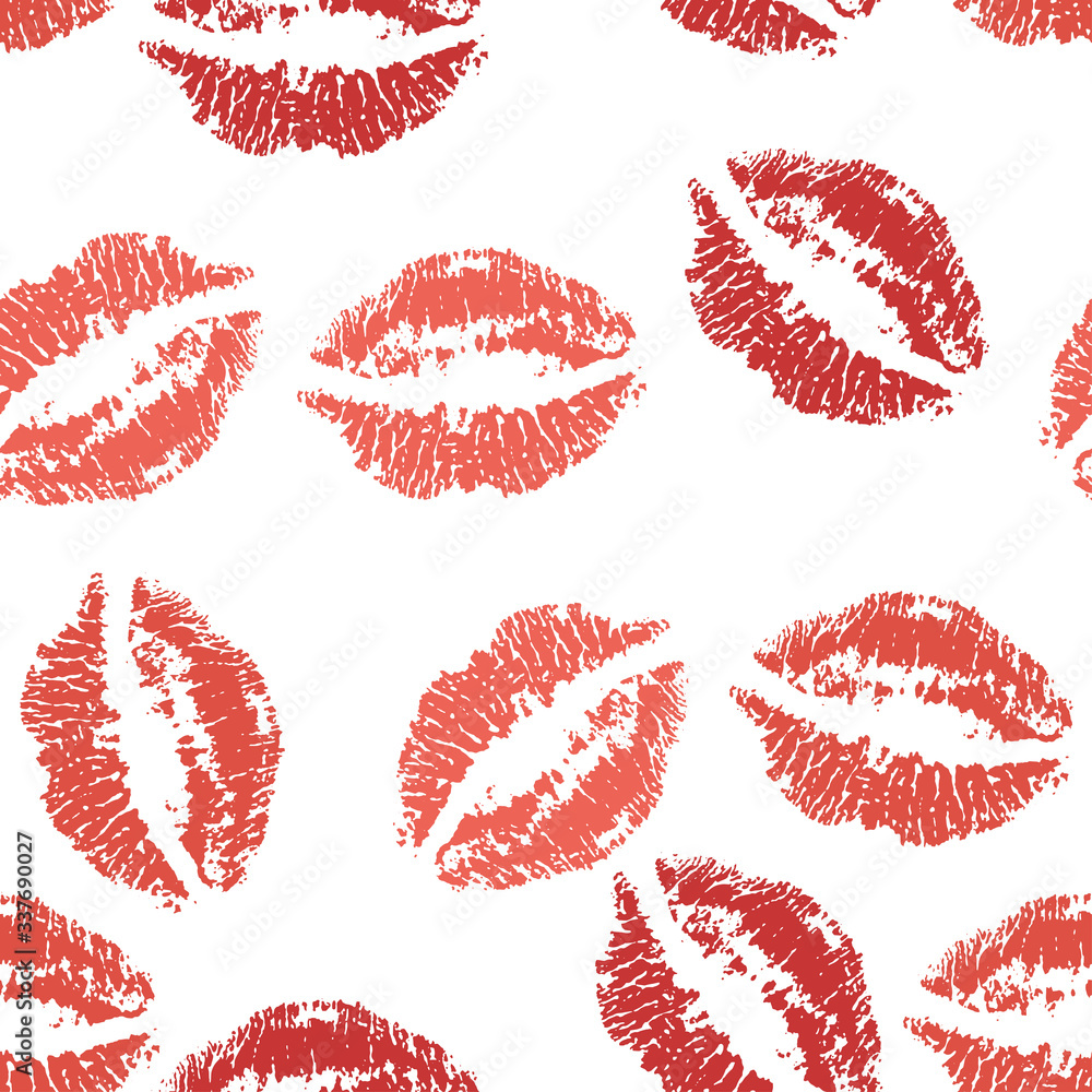 Seamless pattern with a red lipstick kiss prints on white background. Vector design for textile; backgrounds; clothes; web sites and wallpaper. Fashion illustration seamless pattern. Seamless pattern with a red lipstick kiss prints on white background. Vector design for textile; backgrounds; clothes; web sites and wallpaper. Fashion illustration seamless pattern.