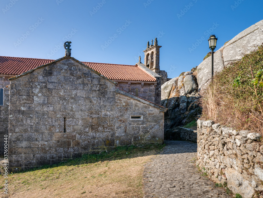 Santa Maria de Muxia Church at the hillside of Mount Corpino, Muxia, Costa da Morte, Galicia, Spain