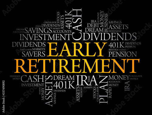 Early Retirement word cloud collage with great terms such as investments, budget, finance business concept background