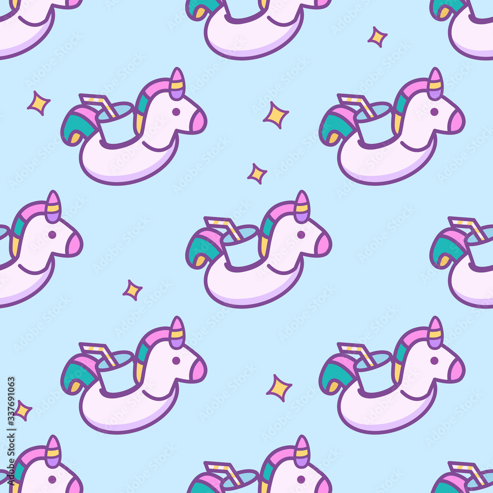 Fototapeta premium Vector cute seamless linear unicorn drink holder for pool pattern with stars in doodle cartoon style on blue pastel background