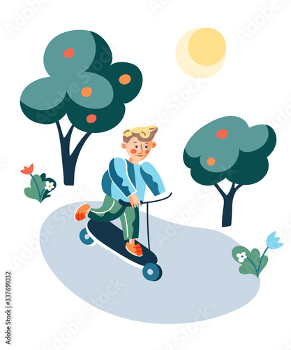 Boy riding scooter flat illustration