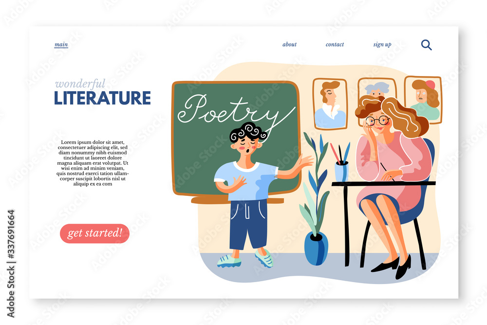 Literature subject sitepage template. Schoolboy tells poem flat vector illustration. Little boy and young teacher in classroom cartoon characters. Elementary grade, school education. Literature subject sitepage template. Schoolboy tells poem flat vector illustration. Little boy and young teacher in classroom cartoon characters. Elementary grade, school education.
