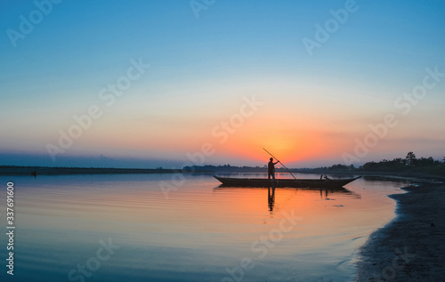 A sunset in the River Brahmaputra, Majuli Island.