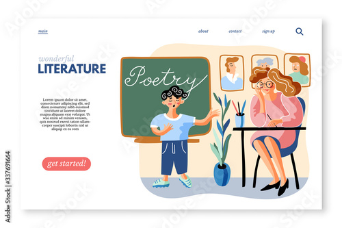 Literature subject sitepage template. Schoolboy tells poem flat vector illustration. Little boy and young teacher in classroom cartoon characters. Elementary grade, school education.
