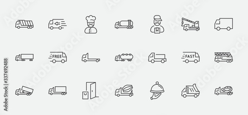 Truck Set of Transport Vector Line Icons. Contains such Icons as Truck, Transportation, Tow Truck, Cranes, Mixer, Garbage Truck, Manipulators, Delivery service and more. Editable Stroke. 32x32 Pixels