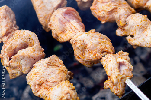 meat skewers grilled in a barbecue. Barbecue grill, seasoned meat in an expensive natural food restaurant