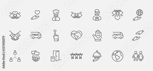 International Day of Human Solidarity Line Vector Icons Set. Contains such Icons as Handshake, Heart, planet Earth, helping Hand, People and more. Editable Stroke. 32x32 Pixels