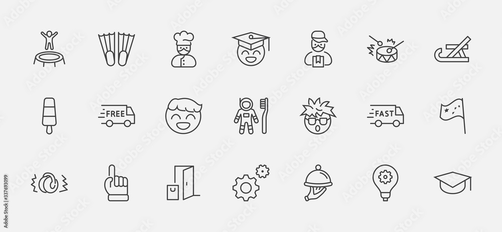 International World Day of Children's Inventions Set Line Vector Icon. Contains such Icons as Toothbrush astronauts, Trampoline, Flippers, Frozen juice, earmuffs. Editable Stroke. 32x32 Pixels