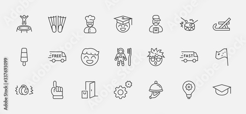 International World Day of Children s Inventions Set Line Vector Icon. Contains such Icons as Toothbrush astronauts  Trampoline  Flippers  Frozen juice  earmuffs. Editable Stroke. 32x32 Pixels