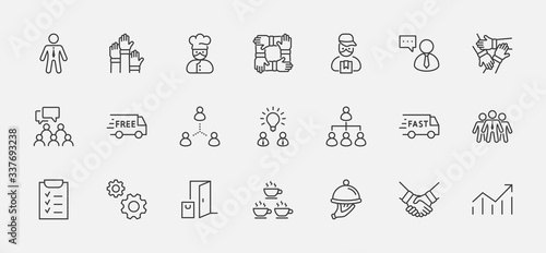 Set of Team Work Related Vector Line Icons. Contains such Icons as Handshake, Check, Idea, Coffee, Gears, Cooperation, Collaboration, Team Meeting and more. Editable Stroke. 32x32 Pixels