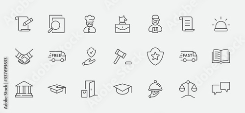 Set of Law and justice Vector Line Icons. Contains such Icons as weapon, arrest, authority, courthouse, gavel, legal, weapon and more. Editable stroke. 32x32 Pixels