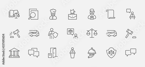 Set of Law and justice Vector Line Icons. Contains such Icons as weapon, arrest, authority, courthouse, gavel, legal, weapon and more. Editable stroke. 32x32 Pixels