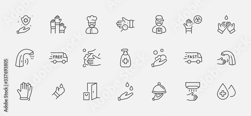 Set of Washing Hands Vector Line Icons. Contains such Icons as Coronavirus, Contactless Water Tap, Antiseptic, Washing Instruction, Hand Dryer, Soap and more. Editable Stroke. 32x32 Pixels.
