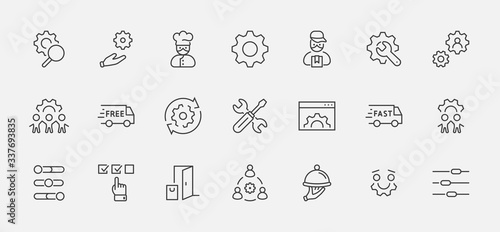 Set of Settings and Setup Vector Line Icons. Contains such Icons as Gear, Setting, Control, Iinstall, Options, Service, and more. Editable Stroke. 32x32 Pixels.