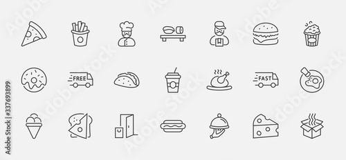 Set of Foods, Drinks Related Vector Line Icons. Contains such Icons as Pizza, Fries, Egg, Meat, Sushi, Chicken, Hamburger, Ice Cream, Donut, Soup, Sandwich, eggs and more. Editable Stroke